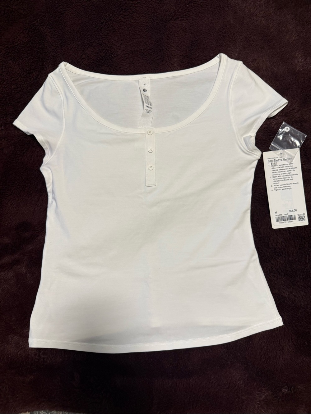 Lululemon Athletica White Scoop Neck Henley Short Cap-Sleeve Tee